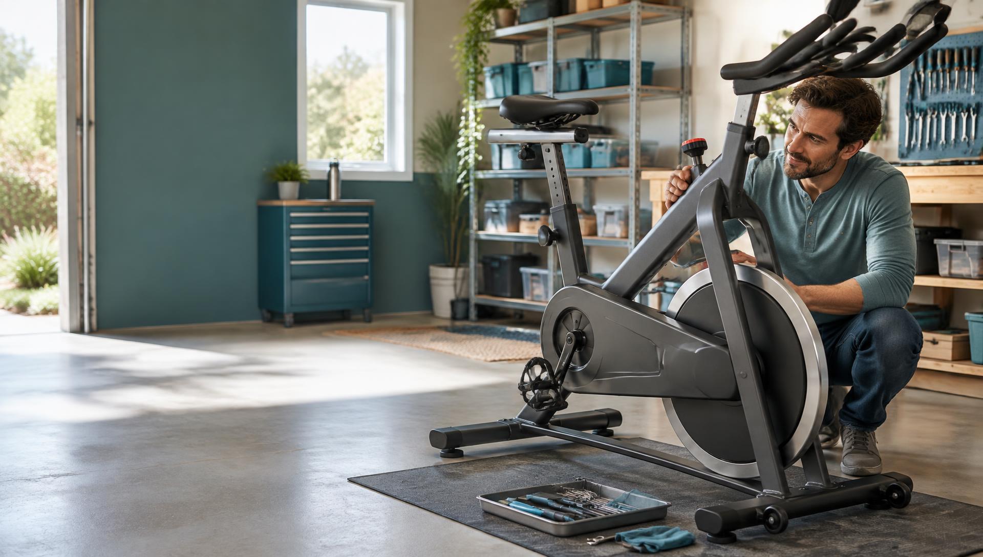 Inspecting a used exercise bike in a workshop