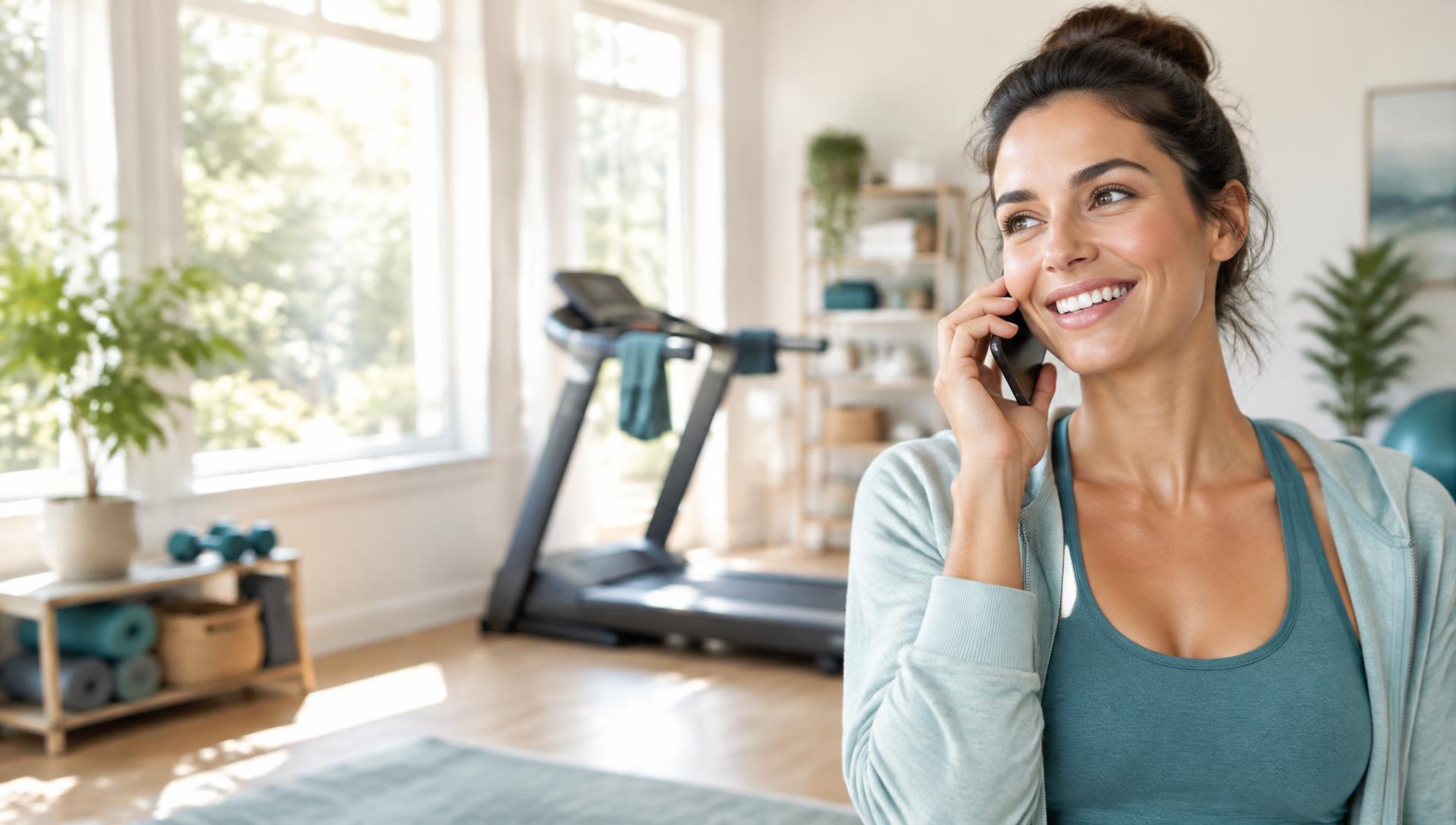 Woman smiling while talking on the phone in her home gym