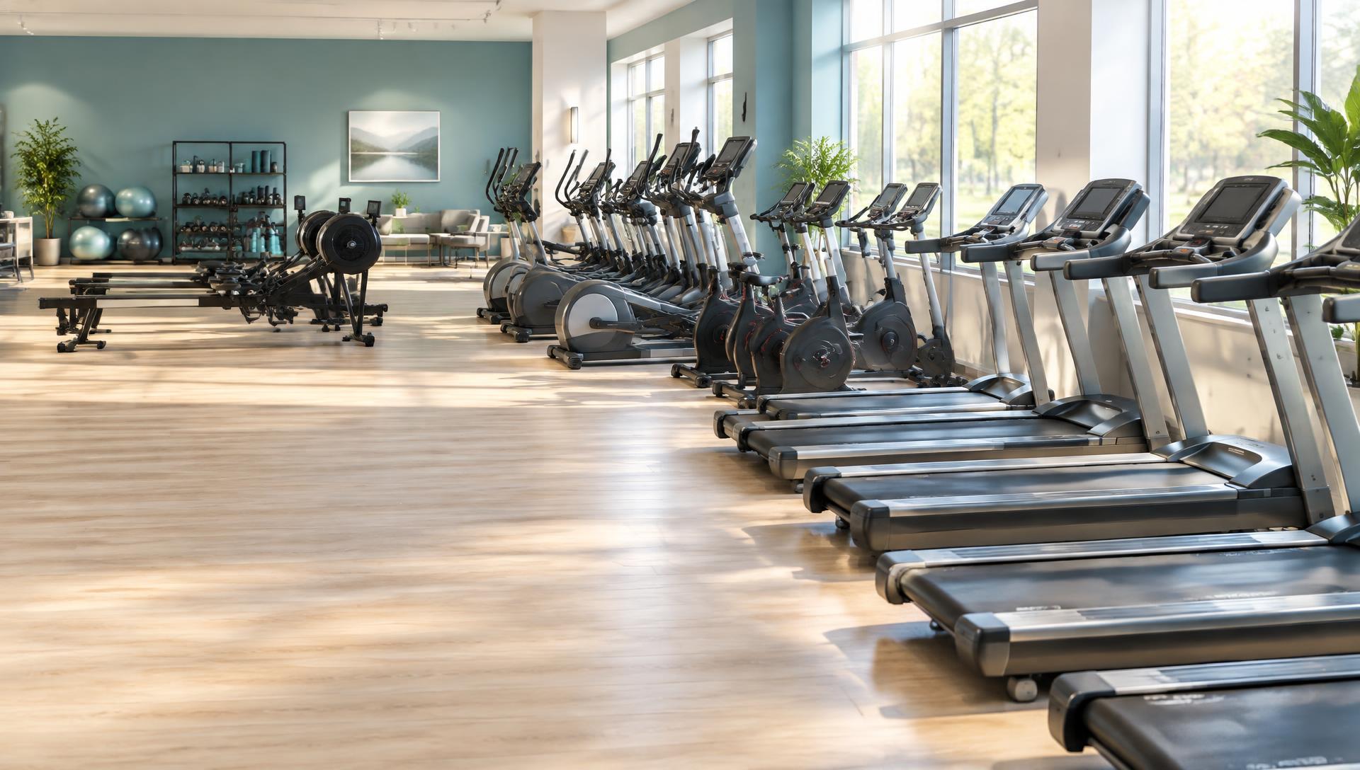 Rows of clean, inspected treadmills, bikes, ellipticals and rowers