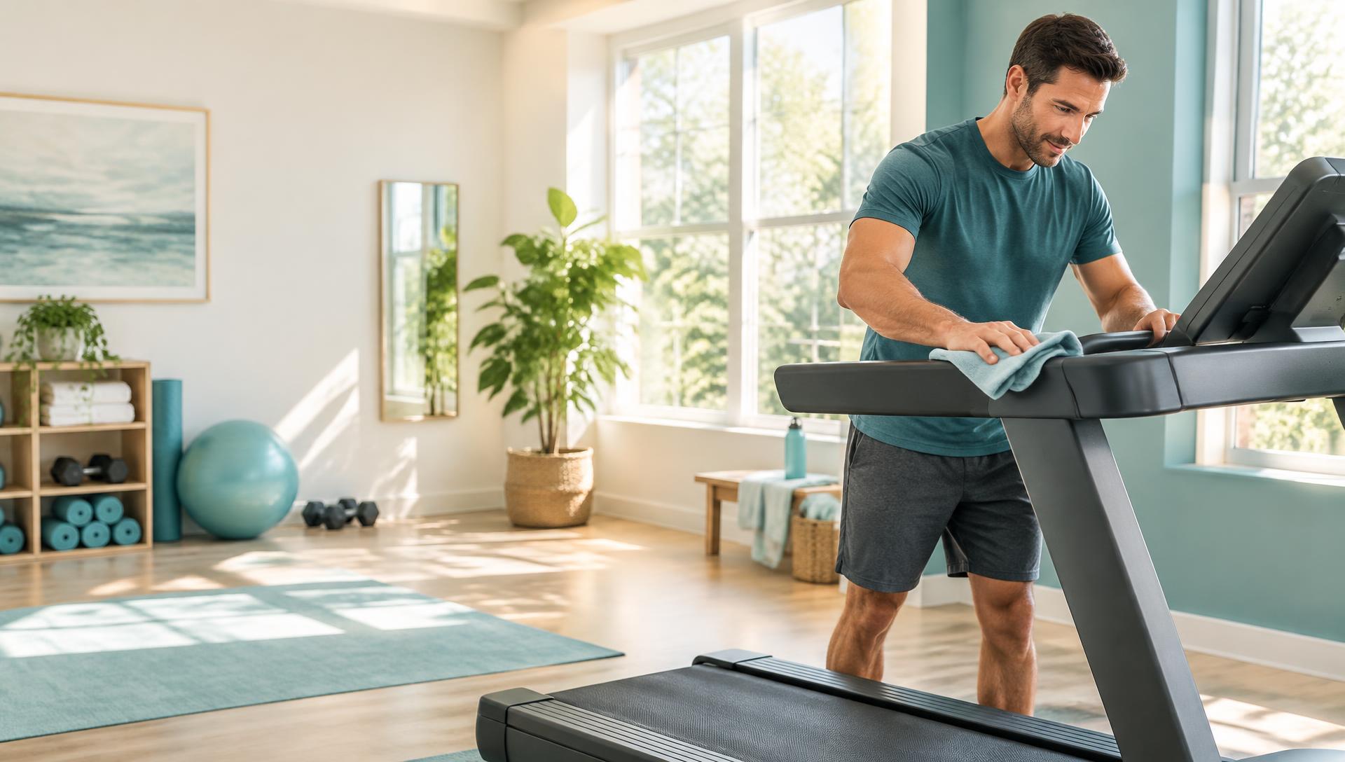 Man wiping down a treadmill in a home gym